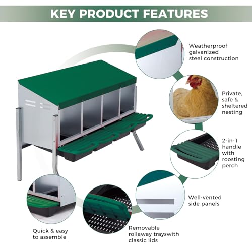 Galvanized Steel Chicken Nesting Box 4 Compartment with Pull Out Tray, Roll Away Nest Boxes for Laying Hens Egg Collection, Wall Mount Poultry Nest Box for Coop with Handle, Green, with Legs - color: Green, size: 4 Compartments with Support Legs