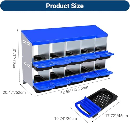 Chicken Nesting Box,10 Hole 2 Layer Hen Nest Boxes, Roll-Away Egg Collection System with Ventilation Holes，Rustproof Plastic Tray & Keyhole Mounting, Chicken Laying Box - color: Blue, size: 10 holes