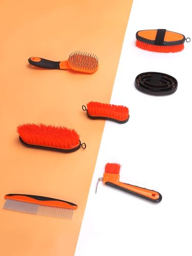 Horse Grooming Kit（13-Piece），Orange Horse Brushes,Storage Bag, Sweat Scraper,Mane Comb,Horse Grooming Gloves, Gifts for Girls (Orange) - color: Orange