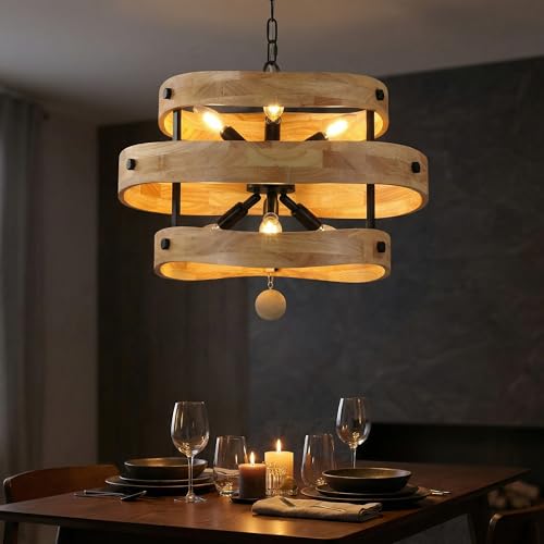 20" Farmhouse Chandelier for Dining Room Light Fixture, 6 Light | Wooden Drum Rustic Chandelier, French Country Pendant Light Over Table for Living Room Foyer Kitchen Island, 6 E12 Sockets - color: 20" Layered