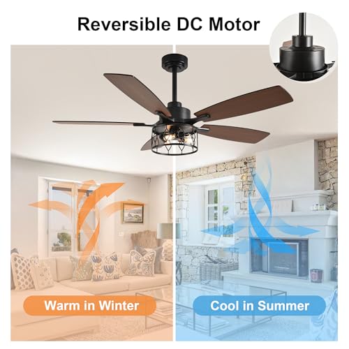 52" Farmhouse Ceiling Fan with Lights Remote Rustic Ceiling Fan | Caged Black Fandelier Industrial Chandelier Light for Bedroom Living Room, Reversible 6 Speeds, 3 E12 Bulbs (Not Included) - color: Black, size: 52 Inch