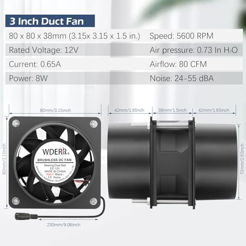 80mm x 38mm 3 Inch Air Vent Duct Booster Adjustable Speed Fan with 2 Duct Adapters for DIY Grow Tent Attic Hydroponics Ventilation Soldering Fume Extractor-D8038 - size: 8038