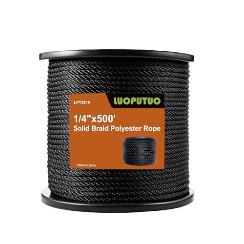 1/4 Inch × 500 FT Black Polyester Solid Braid Rope – UV & Abrasion Resistant, Low Stretch, Multipurpose for Flagpole Halyard, Clothesline, Camping, and Utility Tasks - size: 1/4 In×500 FT