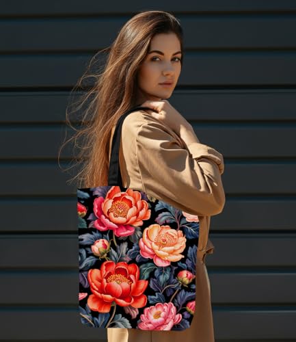 Aesthetic Floral Canvas Tote Bag - Reusable Shoulder Tote Bag for Women Lady Casual Vacation, Shopping, Work, Gym - color: 6
