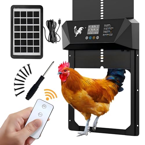 Large Size Automatic Chicken Coop Door Solar Powered,15.9"H x 12"L x 2.68"W,Aluminum Alloy Chicken Door with LCD Display,Timer & Light Sensor,4 Control Modes,Anti-Pinch Coop Door with Remote Control