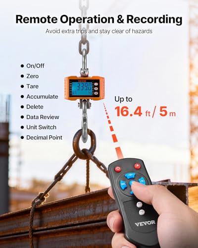 VEVOR Digital Crane Scale, 4400 lbs/2000 kg Max Capacity, Heavy Duty Industrial Hanging Scale with Cast Aluminum Case & LCD Display, 1 lbs Division & 3 Unit Switch, Remote Control for Garage Factory - style: 4400BLS
