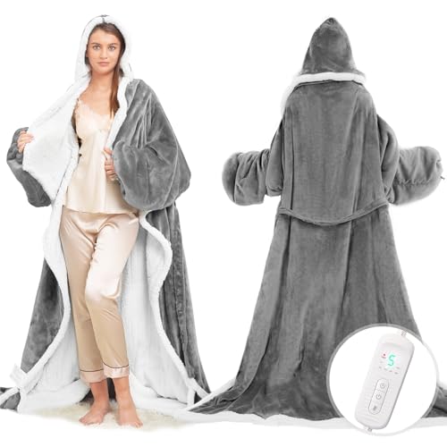Wearable Heated Blanket with Foot Pocket, Electric Wearable Throw Blanket with Sleeves, Hood, Portable Heated Blanket with 8 Heat Settings, 1-10 Hours Auto Shut-off, Gift for Family, Friends, 50*70" - color: Light Gray