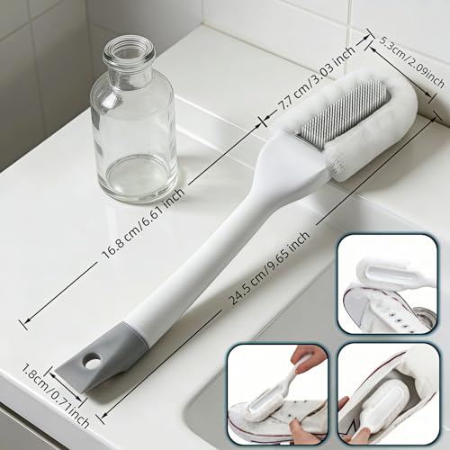 Professional Shoe Cleaning Brush Long Handle - Dual-Action Soft Bristle Shoe Scrubber for Sneakers, Leather, White Shoes | U-Shaped Head & Pointed Tip | Hanging Hole Design (White)