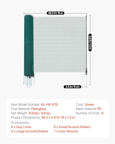 VEVOR Temporary Fence with Posts, 3.9 x 49.2 FT Plastic Mesh Fencing, Garden Safety Fences Netting with Double-Spike Stakes & Guy Ropes, Temporary Fence for Dogs, Chickens, Plants, Outdoor Yards - size: 48in*49ft