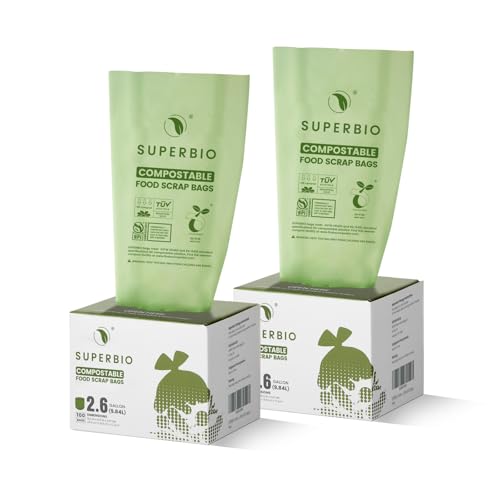 SUPERBIO 2.6 Gallon Flat Top Compostable Food Waste Bags, 100 Ct, 2 Pack | 9.84L, Food Scrap Bags, BPI Certified and OK compost HOME - color: 2.6 Gallon Flat Top, 200 Count (2 Pack)