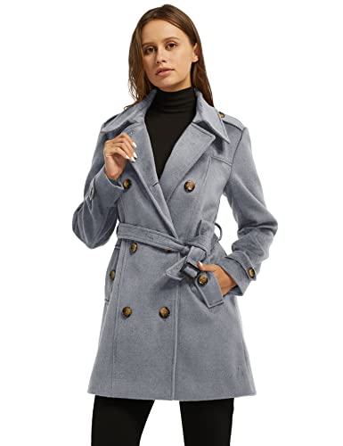 wantdo Women's Double Breasted Pea Coat Winter Mid-Long Trench Coat | Lapel Collar Jacket,Outwear,Windproof Dress Coat,for Fall Spring,Casual Daily Wear,Adjustable Belt - color: Grey, size: Small