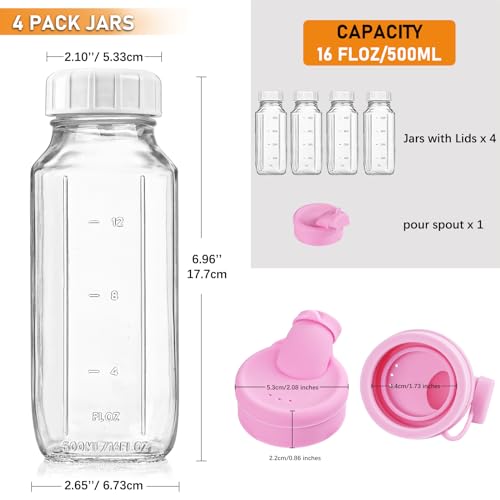 Sovietiep 4 Pack 16 Oz Glass Milk Bottles With Lids, Breastmilk Pitchers | Glass Bottles With Silicone Dispenser Caps For Juice, Drinks And Breastmilk Storage, 500ML, ML/OZ Scale Line, Dishwasher Safe