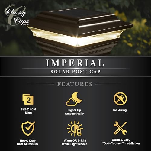 Classy Caps 4x4 Aluminum Imperial Solar Post Cap - Fits 3.5"x3.5" & 4"x4" Deck & Fence Posts - Bronze Cast Aluminum - Warm/Cool Light Color Modes - color: Bronze, size: 3.5x3.5 | 4x4