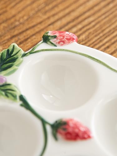 6-Cup Handmade Deviled Egg Platter | 6-Cup Handmade Deviled Egg Platter, Embossed Strawberries & Winding Vines, Country Farmhouse Aesthetic for Kitchen Decor