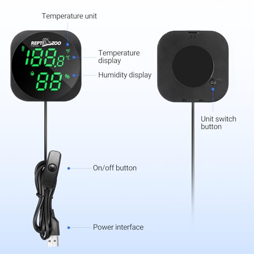 REPTI ZOO Thermometer Hygrometer, LED Digital Thermo Hygrometer for Reptile Terrarium Pet Rearing Box, Reptile Tank Thermometer with 55.2" Cable USB Power Supply