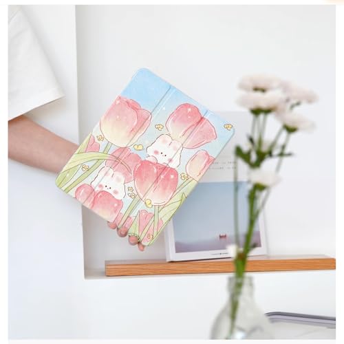 Cute Kawaii Bunny Flower for iPad Air 11 Inch Case M4/M3/M2 8th/7th/6th Gen | 2026/2025/2024 with Pencil Holder | Auto Sleep/Wake | Multiple Viewing Angles Pink Leather Soft TPU Back Cover - color: Flower Bunny E, size: 11-inch iPad Air M4/M3/M2 2026-2024