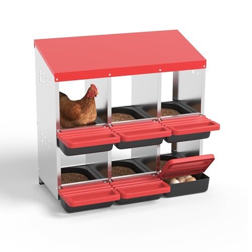 6-Compartment Chicken Nesting Box, Heavy Duty Galvanized Steel Poultry Nest Box, Wall Mount/Freestanding Design for Hens, Ducks, Backyard Homesteads & Farm Use, Red, with Soft Mats, No Stand - color: Red, size: 6 Room&Mat Board