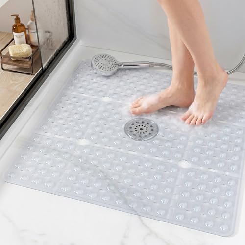 HITSLAM Square Shower Mat 27x27 Inch, Extra Large Non Slip Shower Mats for Inside Shower Stall, Anti Slip Bath Floor Mat with Strong Suction Cups & Drain Holes, Machine Washable, Clear - color: Clear