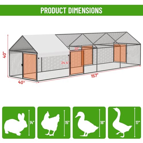 NUGRIART Metal Chicken Coop with Waterproof Cover, 157”x40”x40” Portable Poultry Cage, Outdoor Backyard Farm Hen House & Chicken Run for Chickens, Ducks, Rabbits and Small Pets - size: 157"L x 40"W x 40"H
