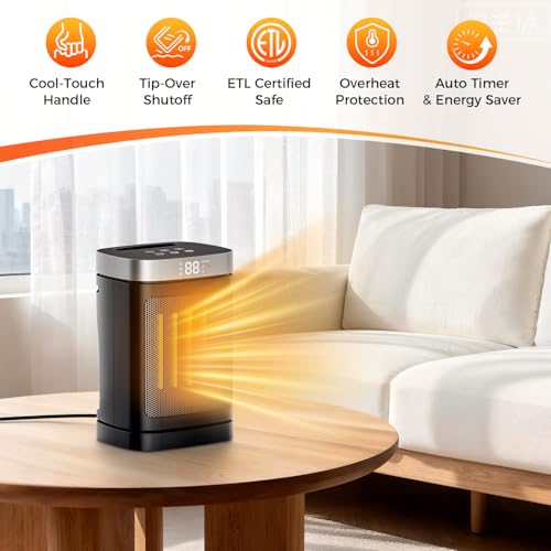 1500W Portable Space Heater for Indoor Use, Fast Heating PTC Electric Heater with 70° Oscillation, Remote Control, 1–12H Timer, Quiet Small Heater for Bedroom Home Office - size: 9.96" / 70° Oscillation