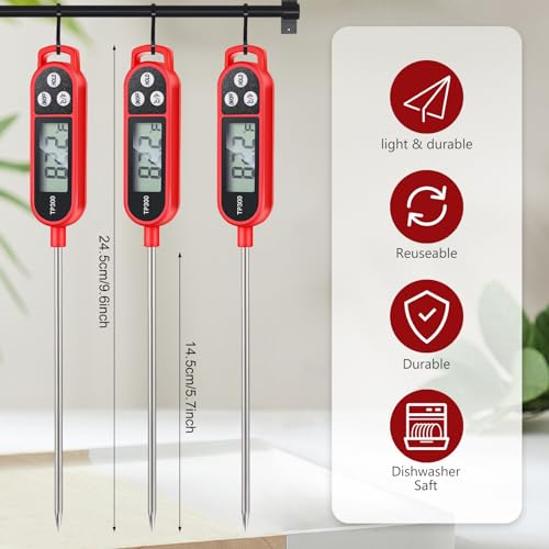 6 Pcs Instant Read Meat Thermometer Long Probe,Red | Probe Waterproof Digital Thermometer, For Cooking BBQ Water Milk Liquids, Quick Accurate Food Temperature - color: Red