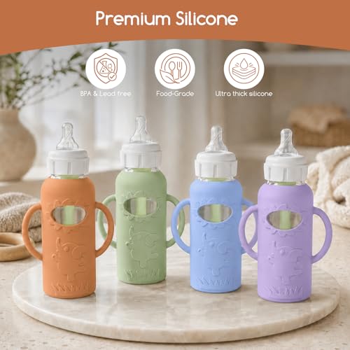 4 Pack Silicone Sleeves for Dr. Brown's Glass Baby Bottles -Drop Protection Easy-Grip Baby Bottle Sleeves Holder with Handles, Compatible with Dr. Brown's Newborn Glass Bottles 8 oz/250 mL - color: Blue 4 Pack 8OZ
