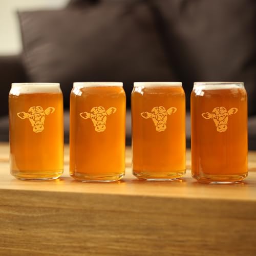 Cow Face Can Pint Glass for Cattle Lovers Farm Gifts - 16 oz - Set of 4 | Bevvee Cattle gift ideas for cow lovers, farmers and ranchers. Beer can glass for IPA, pilsner and craft beer. Made in USA - style: Set of 4