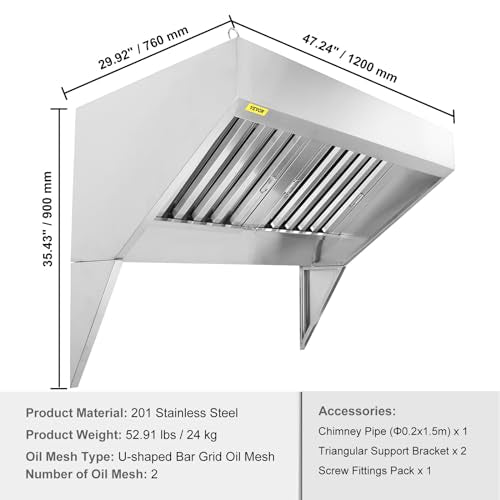VEVOR Commercial Exhaust Hood, 4FT Food Truck Hood Exhaust, 201 Stainless Steel Concession Trailer Hood with 2 Detachable U-shaped Grid Oil Filter Mesh, Rust Resistant Vent Hood for Kitchen Restaurant | Concession Trailer Hood with 2 Detachable U-shaped G
