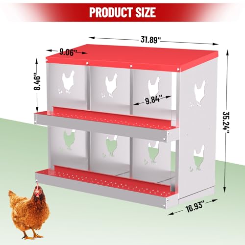 Chicken Nesting Boxes, Heavy-Duty 8-Compartment Metal Chicken Nesting Box – Removable Tray, Ventilation Holes, Easy Egg Collection, Rustproof Galvanized Steel - Red - 6 - Slot - color: Red, size: 6 - Slot - Upgraded Version