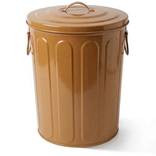 Plexon 5 Gallon Small Metal Trash Can with Lid Outdoor Galvanized Steel Bucket with Lid 5 Gal Storage Can for Dog Food Bird Seed Storage Container, Brown - color: Brown