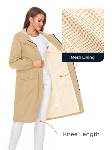 SaphiRose Women's Lightweight Packable Waterproof Long Rain Jacket | Raincoat, rain coat, windbreaker, with hood, knee-length, pack in bag, mesh lining, outdoor, camping, travel, walking dog - color: Camel, size: X-Large