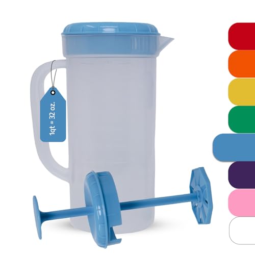 1 Quart Plastic Mixing Pitcher with Mixing Lid, BPA Free, Shatterproof Beverage Jug for Iced Tea, Lemonade, Juices, Milk – Leak-Proof, Easy Stirring, Dishwasher Safe | Blue - color: Blue, Mixing Pitcher w/ Opt. Lid