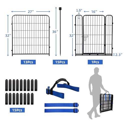 ADAVIN Garden Fence with Gate 32in(H) x 31 ft(L),14 Panels Black Heavy Duty Iron Metal Animal Barrier Fence, Indoor&Outdoor Dog Playpen, Camping Fence, No Dig Garden Border Fencing for Yard - size: 14panels-32in(H)×31ft(L)