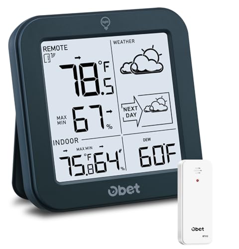 Indoor Outdoor Thermometer Wireless Weather Station Hygrometer Black | Weather Forecast with Trend 500ft Range Remote Sensor Backlight Display Battery Operated Max Min Record Dew Point Pressure - color: Black