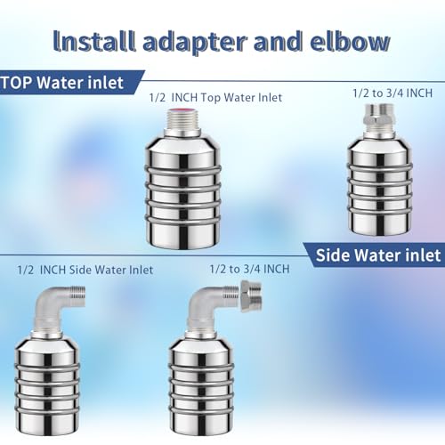 Leak-Proof NPT 1/2" Water Float Valve,1/2" to 3/4" 304 Stainless Steel Fully Automatic Water Level Control Float Valve for Water Tank, Cattle Tank, Pool, Fish Tank, Distiller, Livestock Troughs