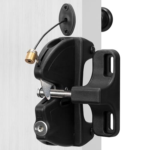 Key Lockable 2 Sided Gate Latch with Spring Pull Cable and Key,2 Way Gate Fence Lock for Outdoor Gates,Locking Gate Door Lock Fence Latch Gate Hardware for Metal,Wood,Vinyl Fence,Black Finish