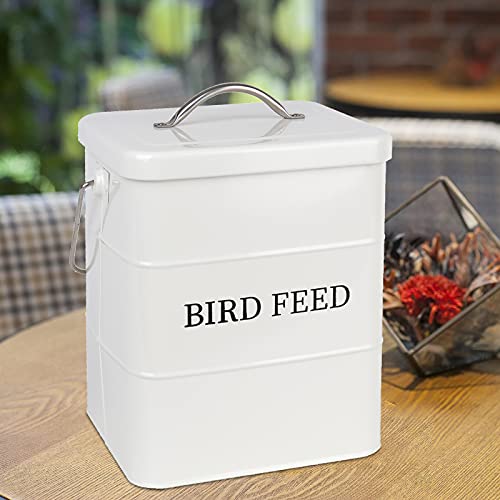 DEAYOU Pet Food Storage Tin with Lid, Metal Bird Seed and Feed Container with Serving Scoop, Treats Storage Canister Bin Can for Dogs, Cats Food, Coated Carbon Steel, Tight Fitting Lid, White, 5-6 Lbs