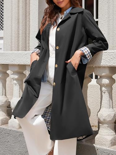 Tankaneo Womens Long Oversized Single Breasted Windproof Trench Coat | Plaid Lining, Lightweight, Trendy，Button down, Fall fashion,Outerwear - color: Black, size: X-Large