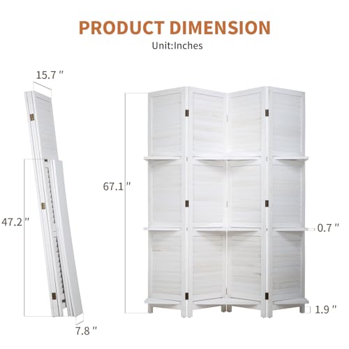 Room Divider 4 Panel Folding Wood 5.6 Ft Tall Privacy Screen Dividers Wall with Three Shelves Portable Partition (White) - color: White