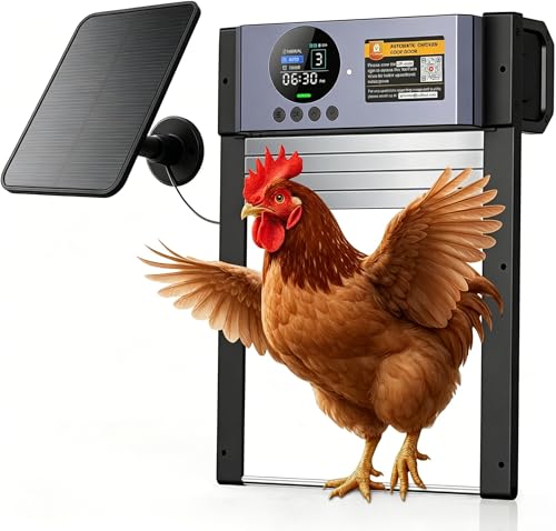 Automatic Chicken Coop Door – Solar Powered Auto Chicken Door with Light Sensor, Timer & Manual Control, 2500 mAh Battery +USB-C Backup, Aluminum,Waterproof, Anti-Pinch Safety, Fits Most Poultry Coops