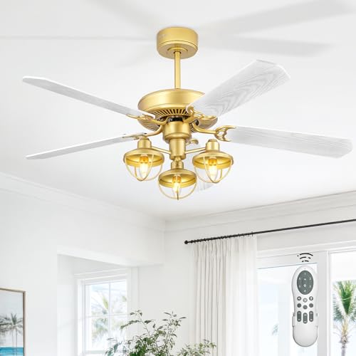 YOUKAIN 52-Inch Farmhouse Ceiling Fan with 3 Lights & Remote, Gold/Wood | 5 reversible blades, industrial-inspired gold and wood finish for indoor/outdoor use and covered patios