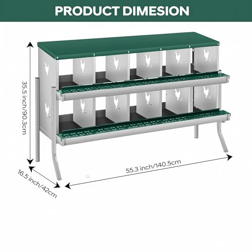 10 Compartment Chicken Nesting Box, Heavy Duty Metal Laying Box with Perch, Easy Assembly & Easy Clean for Outdoor Chicken Coop, Green - color: Green, size: 10 Compartment with legs