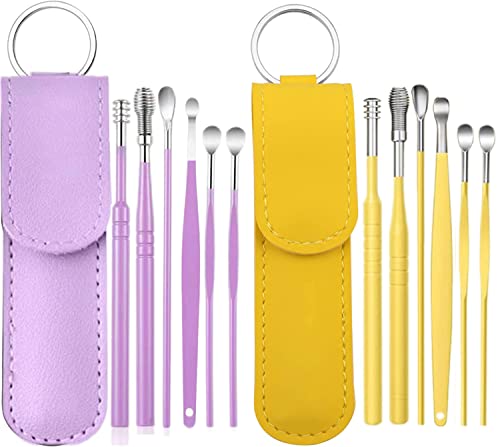 12 Pcs Ear Pick Earwax Removal Kit, Ear Cleaning Tool, Stainless Steel Earwax Removal Tool with Leather Storage Box (Yellow&Purple) - color: Purple and Yellow