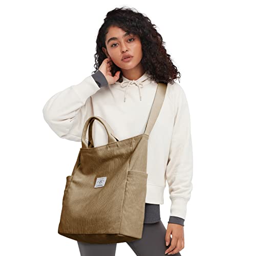 KALIDI Corduroy Tote Bag, Large Slouchy Hobo Messenger Crossbody Bag | Anti Splash Zipper Side Pockets Shoulder Bag Adjustable Strap Lightweight Casual Work Shopping Women - color: Light Kakhi