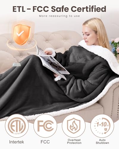 Wearable Heated Blanket with Foot Pocket, Flannel & Sherpa,50"x70",Grey,ETL | Wearable Electric Throw Blanket with Sleeves,9 Heating Levels Snuggle Warm Blanket,2H-10H Auto Off Heated Robe,ETL Certified - size: 50"x70"