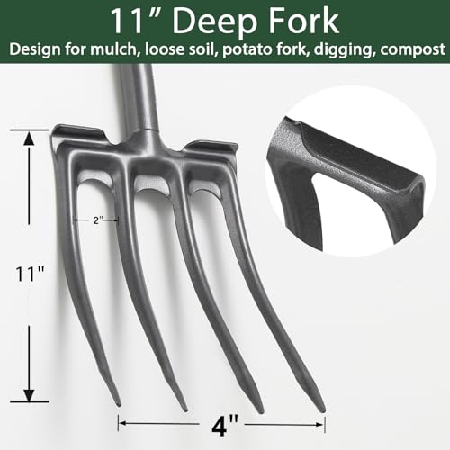 Pitch Fork, Metal Broadfork Garden Tool Long Handle, 4 Tine Mulch Hay Manure Digging Bedding Hay Potato Garden Fork Shovel for Gardening Loosening Soil Compost - size: 45"