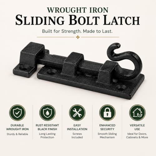 Renovators Supply Manufacturing Door Lock Latch 3.8 in. Black Wrought Iron Pig Tail Tip Styled Slide Bolt Latch with Mounting Hardware - size: Pack of 1, style: 3.88 inch - Curled Tail