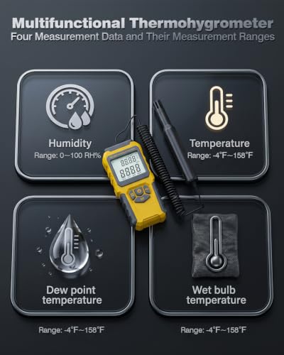 MT-93D Split Thermo Hygrometer HVAC Humidity Meter, Dew Point and Wet Bulb Temperature Reader, Flexible Spring Cord air Temp Probe, Backlit LCD, Data Hold MAX/MIN, ℃/℉, humidifier Greenhouse