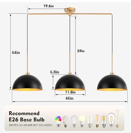 3-Light Black and Gold Dome Pendant Light Fixtures | Farmhouse & Industrial Style, E26 Base, Height Adjustable, Easy Installation, for Dining Room Bar Kitchen Island - color: Black-3 Lights