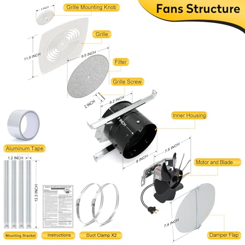 505 Bathroom Exhaust Fan 8 Inch Ceiling Ventilation Fan | 200 CFM High Airflow Kitchen Exhaust Fan, 8.5 Sones, Bathroom Exhaust Fan, Home and Commercial Use
